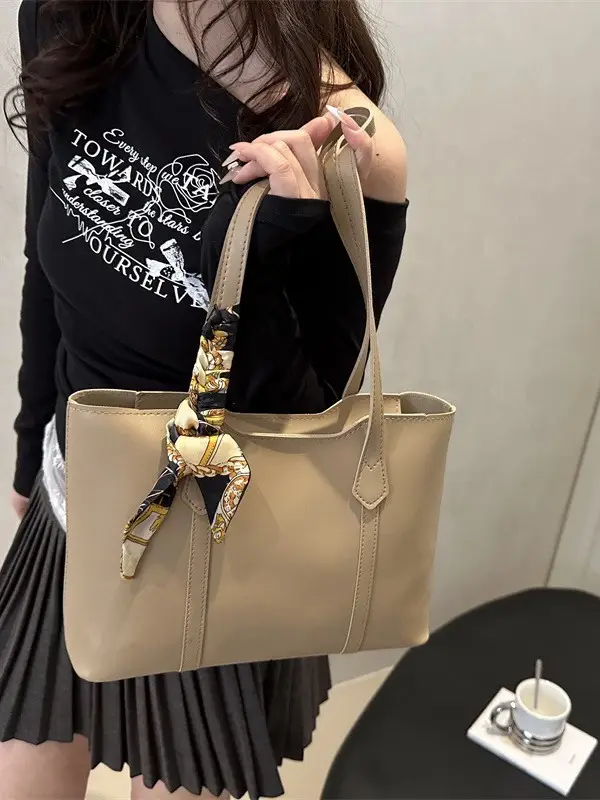 Beige Women's Large Tote Bag with Silk Scarf