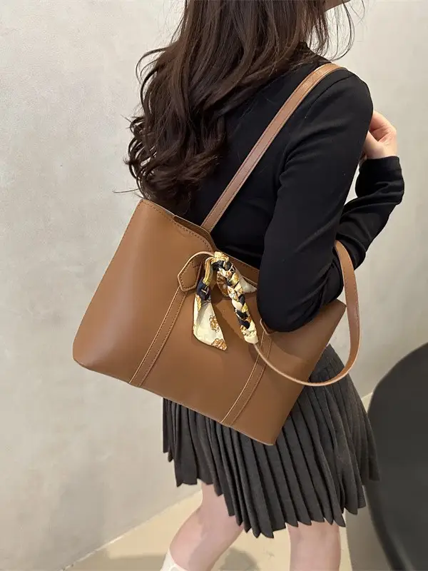 Beige Women's Large Tote Bag with Silk Scarf