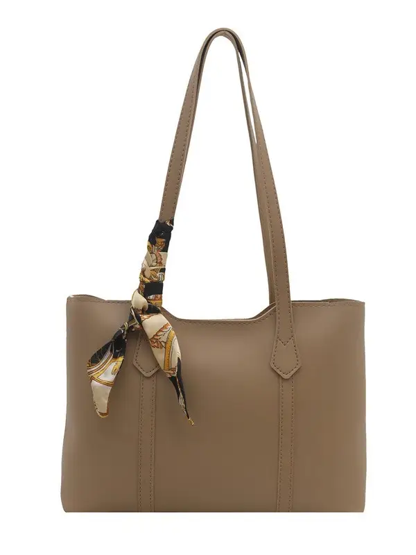 Beige Women's Large Tote Bag with Silk Scarf
