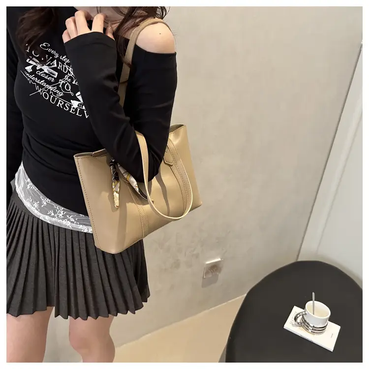 Beige Women's Large Tote Bag with Silk Scarf — feature 9