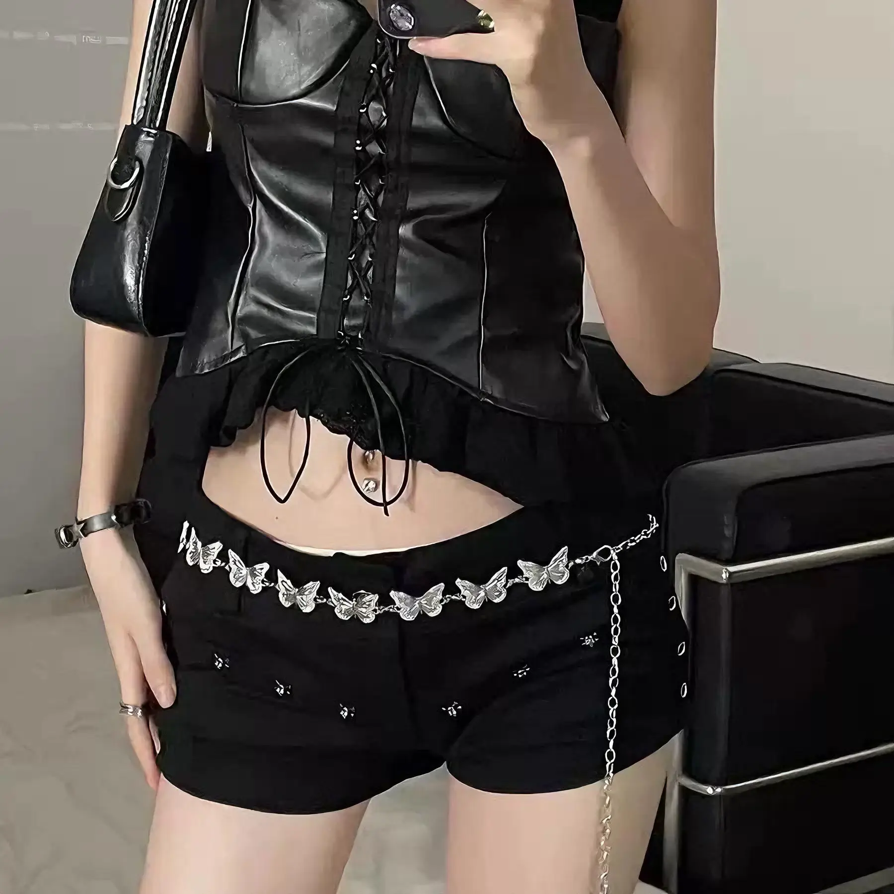 Black Leather Top with Butterfly Belt Chain Shorts - Image 5