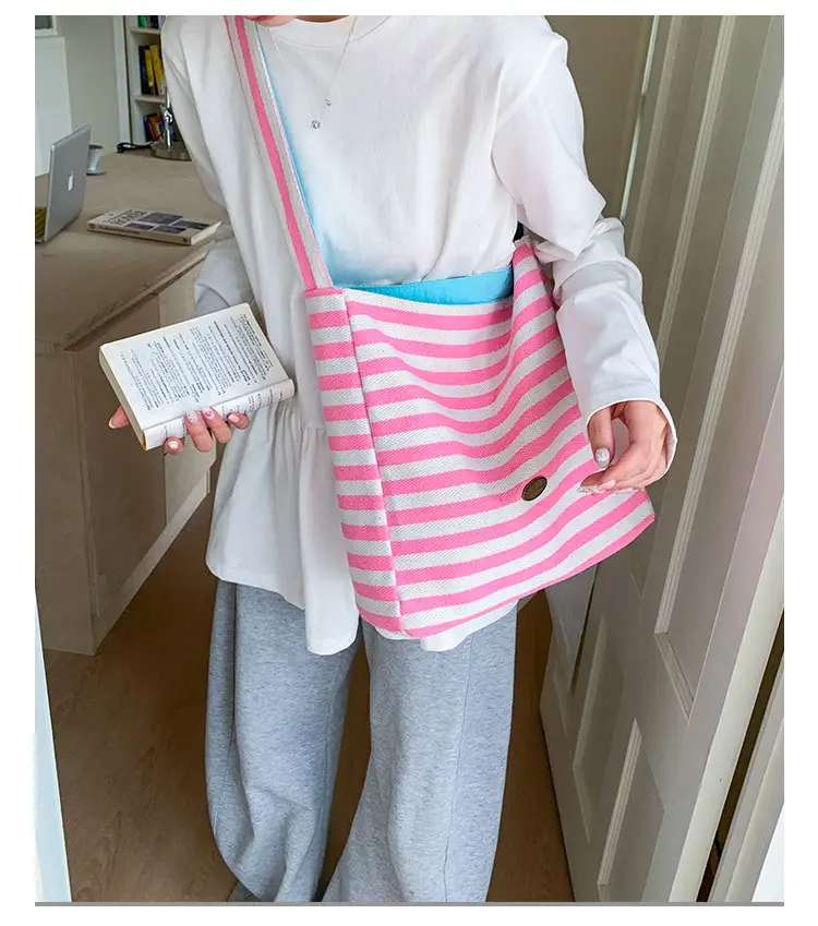 Women Striped Canvas Shoulder Bag 2025 New Lightweight Fashion Tote — feature 21