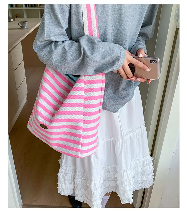 Women Striped Canvas Shoulder Bag 2025 New Lightweight Fashion Tote — feature 25