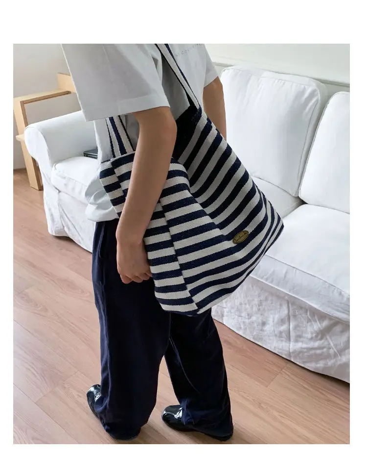 Women Striped Canvas Shoulder Bag 2025 New Lightweight Fashion Tote — feature 7
