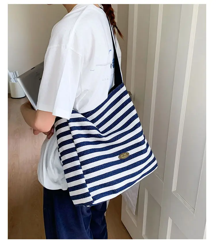 Women Striped Canvas Shoulder Bag 2025 New Lightweight Fashion Tote — feature 9