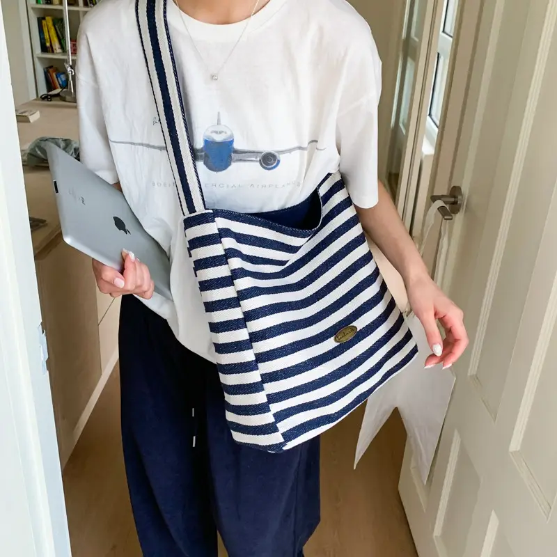 Women Striped Canvas Shoulder Bag 2025 New Lightweight Fashion Tote - Image 3