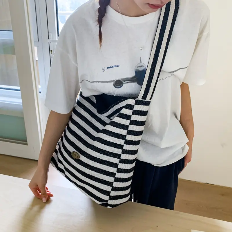 Women Striped Canvas Shoulder Bag 2025 New Lightweight Fashion Tote - Image 4