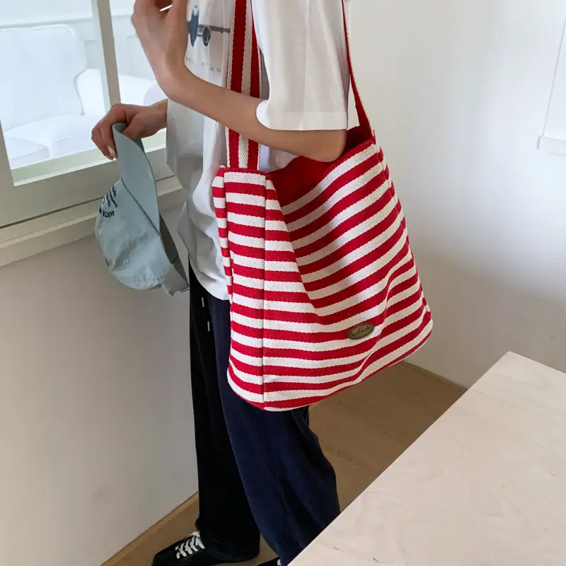 Women Striped Canvas Shoulder Bag 2025 New Lightweight Fashion Tote - Image 5