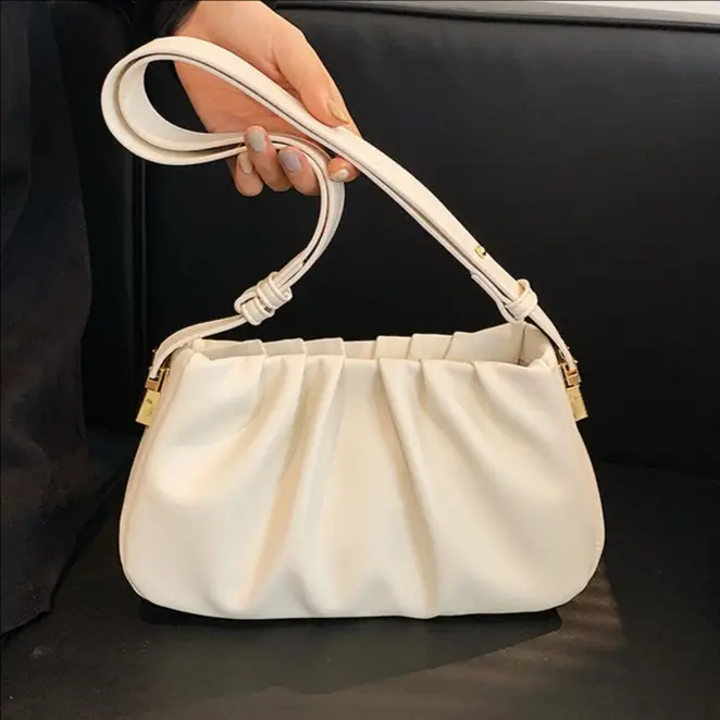White Korean Style Pleated Shoulder Bag for Women