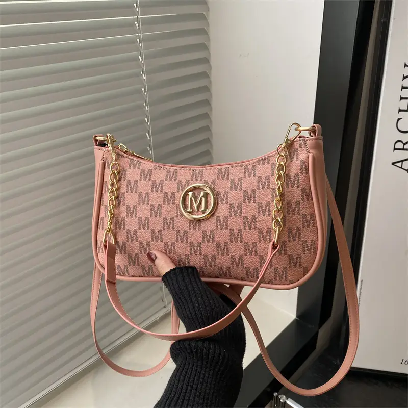 Women's Pink Gingham Crossbody Bag with Chain Strap - Image 5