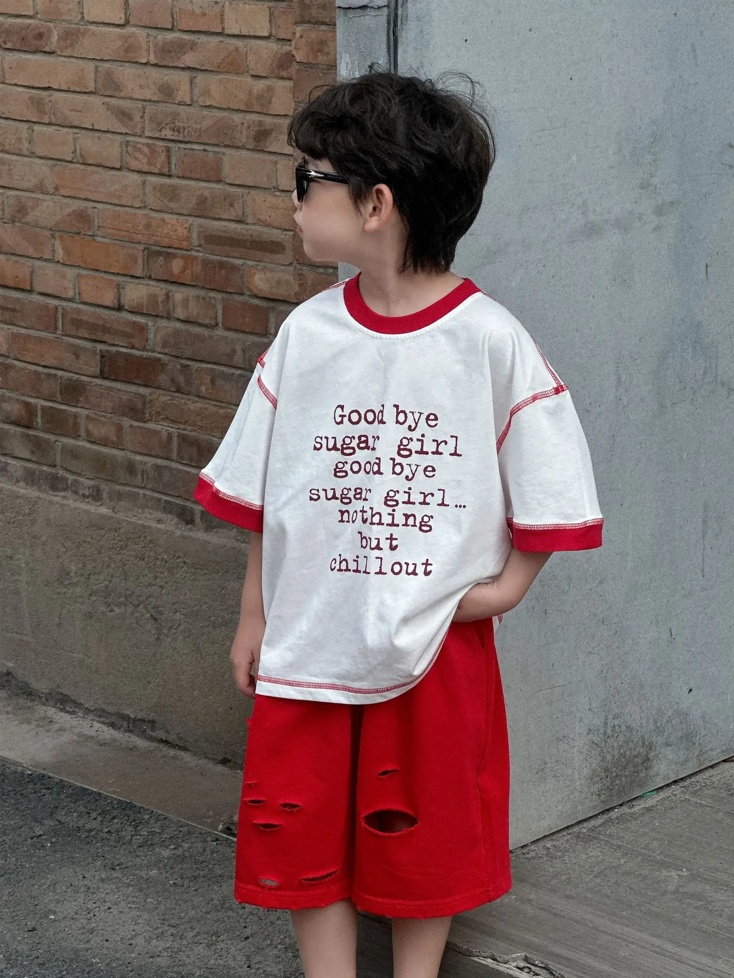 Boys Cotton T-Shirt Red White 2025 Summer Casual Mid Sleeve - Image 3
