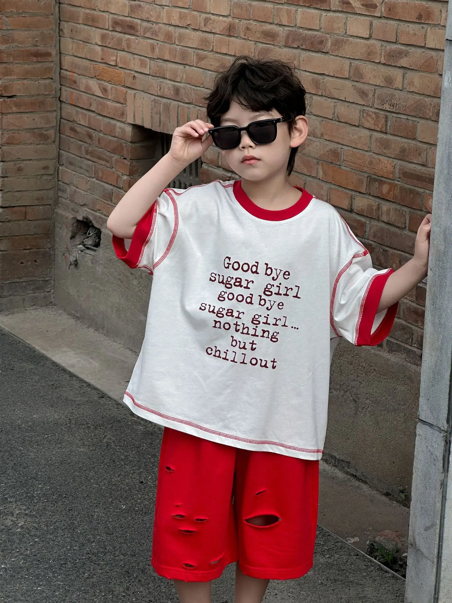 Boys Cotton T-Shirt Red White 2025 Summer Casual Mid Sleeve - Image 4