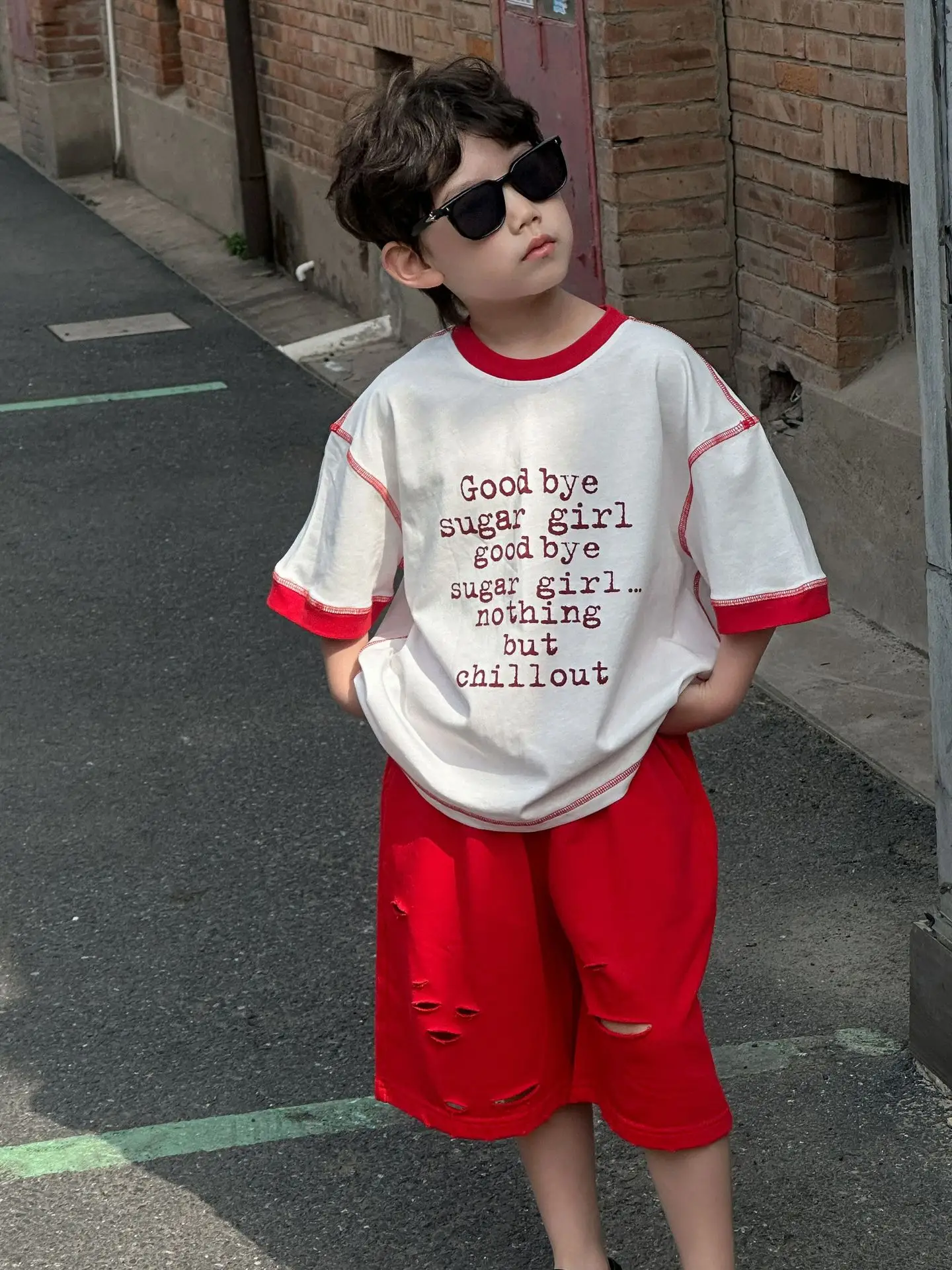 Boys Cotton T-Shirt Red White 2025 Summer Casual Mid Sleeve - Image 5