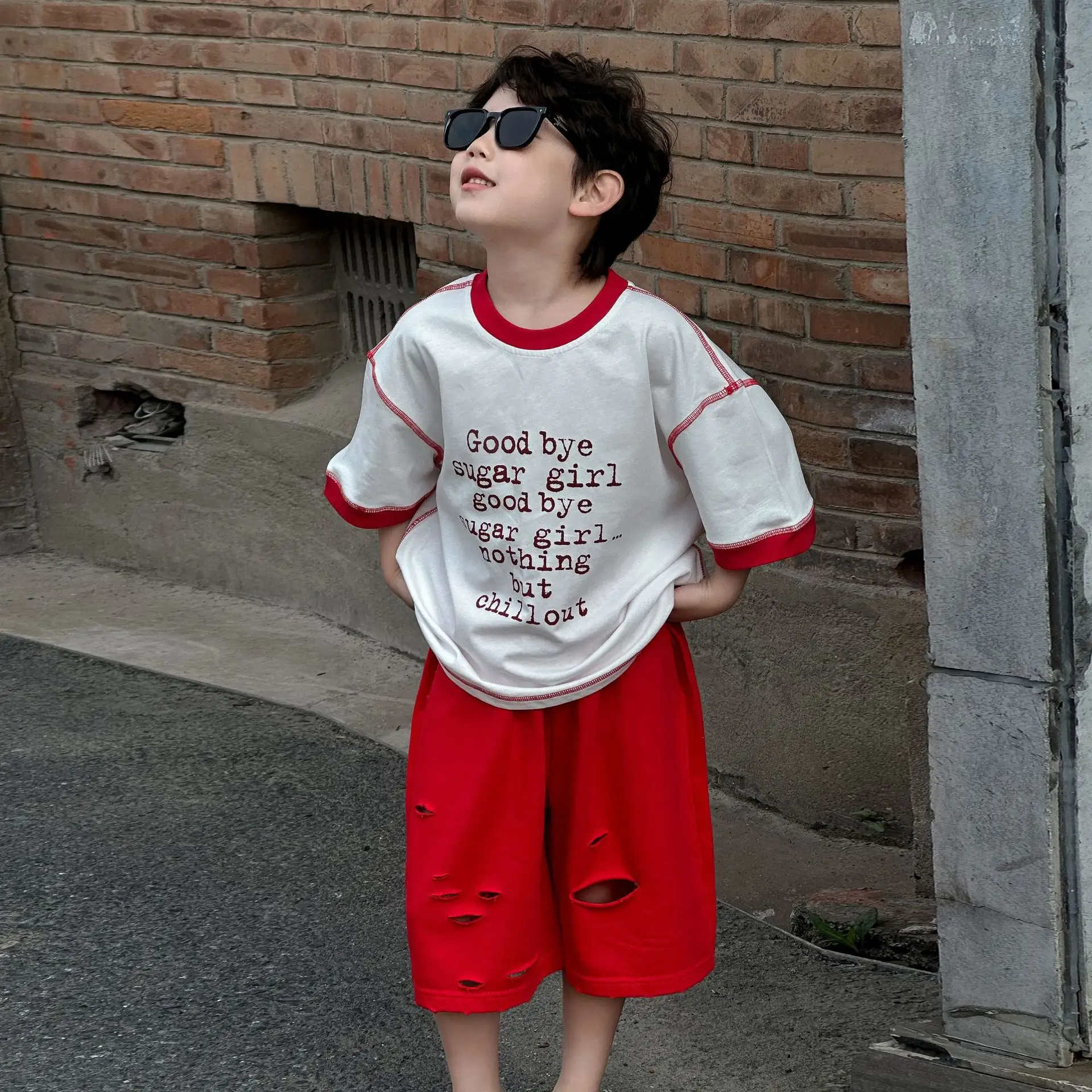 Boys Cotton T-Shirt Red White 2025 Summer Casual Mid Sleeve — feature 10