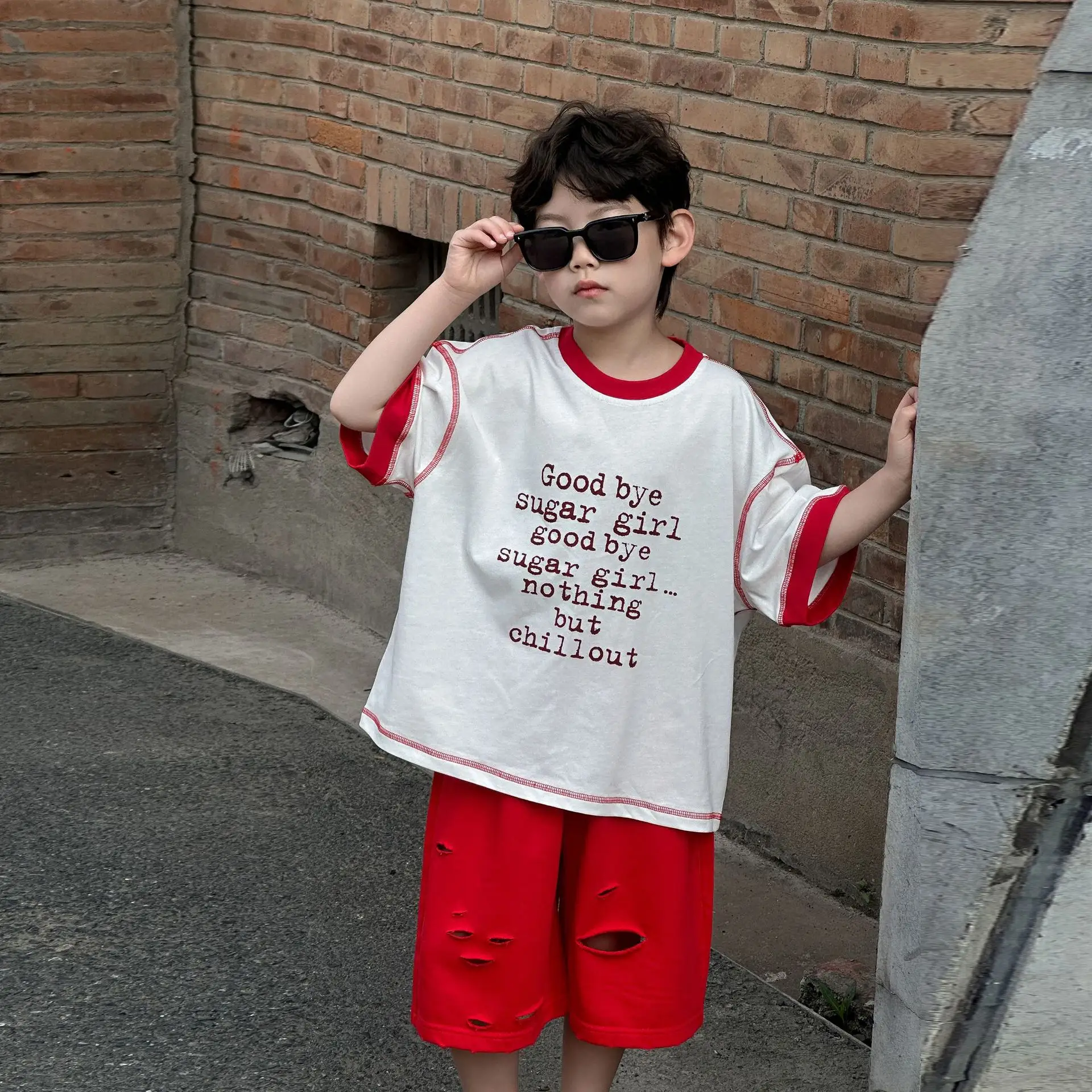 Boys Cotton T-Shirt Red White 2025 Summer Casual Mid Sleeve — feature 11