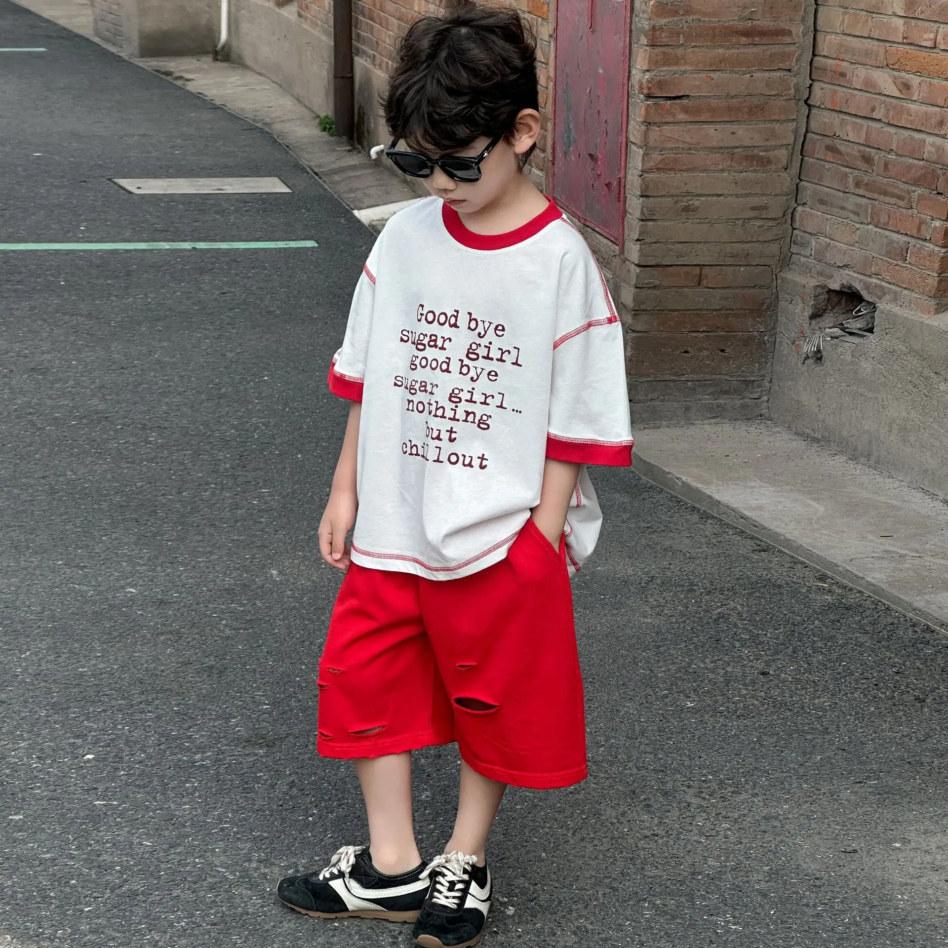 Boys Cotton T-Shirt Red White 2025 Summer Casual Mid Sleeve — feature 12