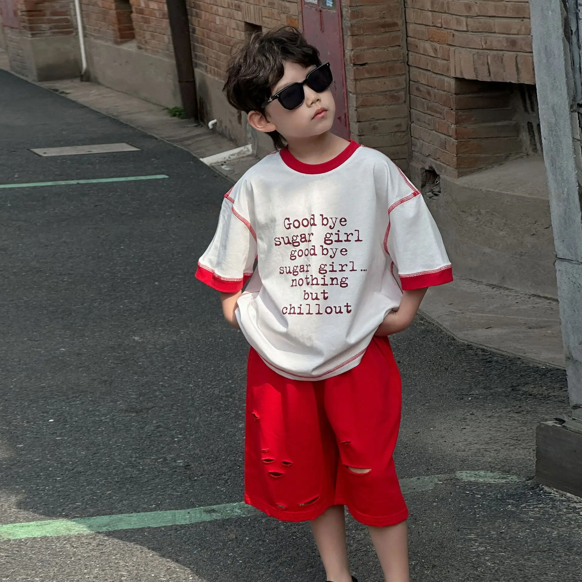 Boys Cotton T-Shirt Red White 2025 Summer Casual Mid Sleeve — feature 13