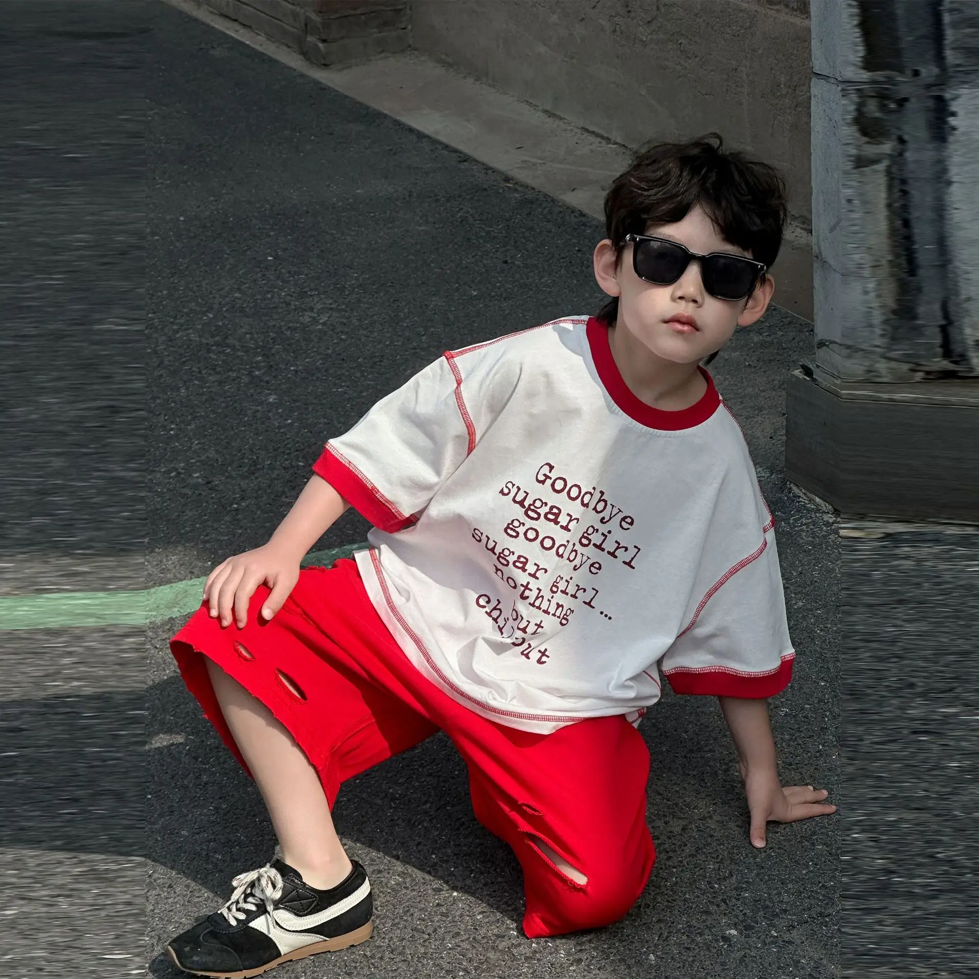 Boys Cotton T-Shirt Red White 2025 Summer Casual Mid Sleeve — feature 14