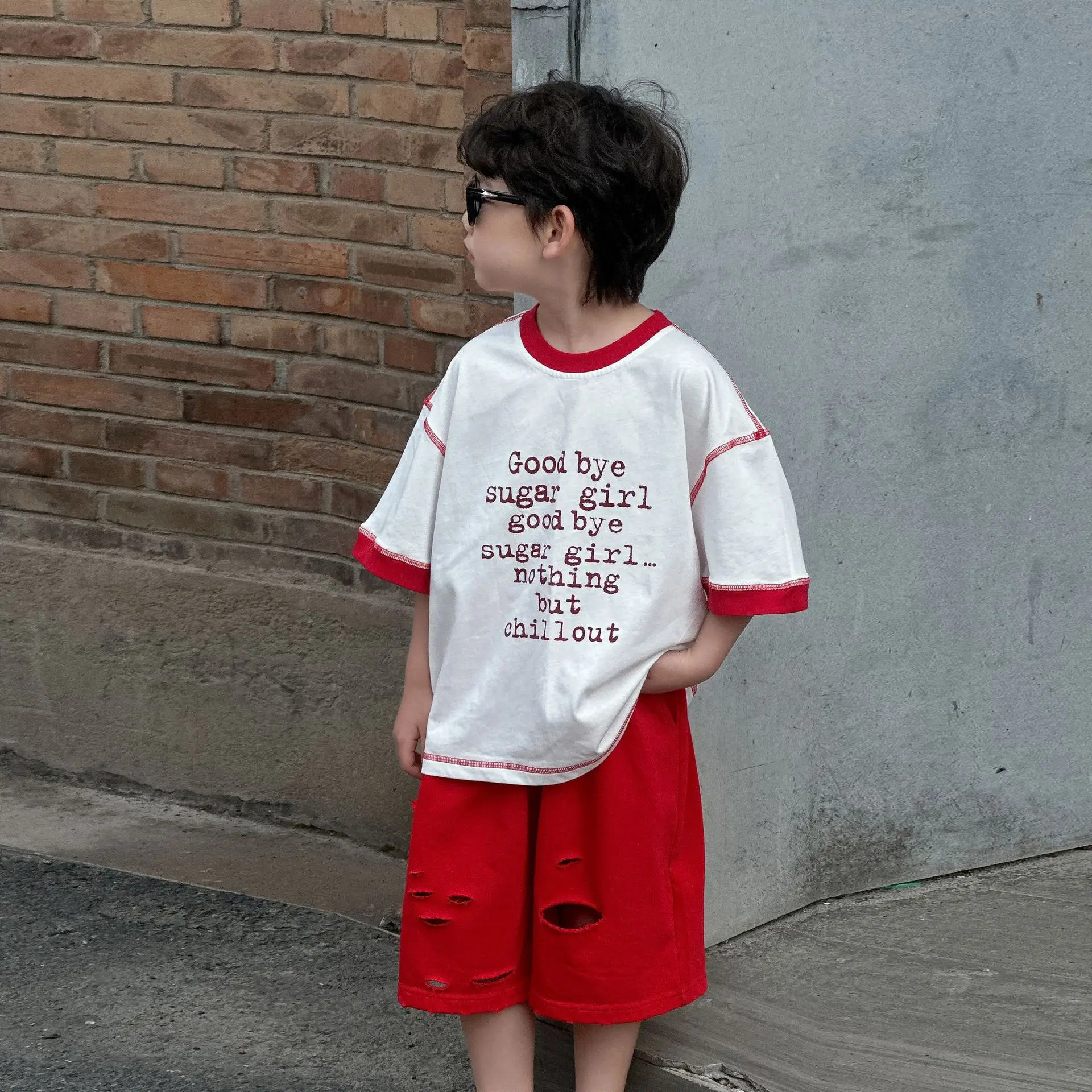 Boys Cotton T-Shirt Red White 2025 Summer Casual Mid Sleeve — feature 3