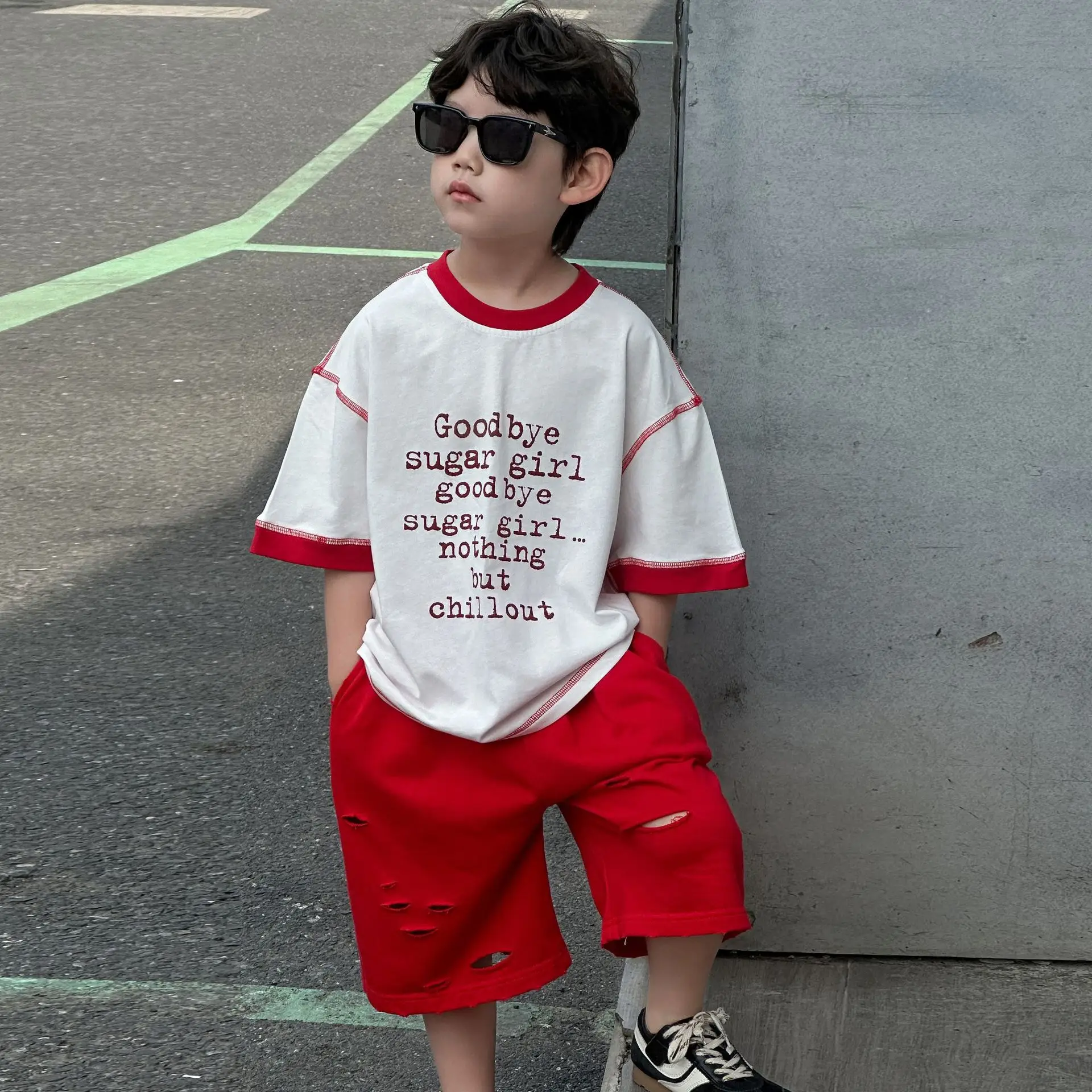 Boys Cotton T-Shirt Red White 2025 Summer Casual Mid Sleeve — feature 7
