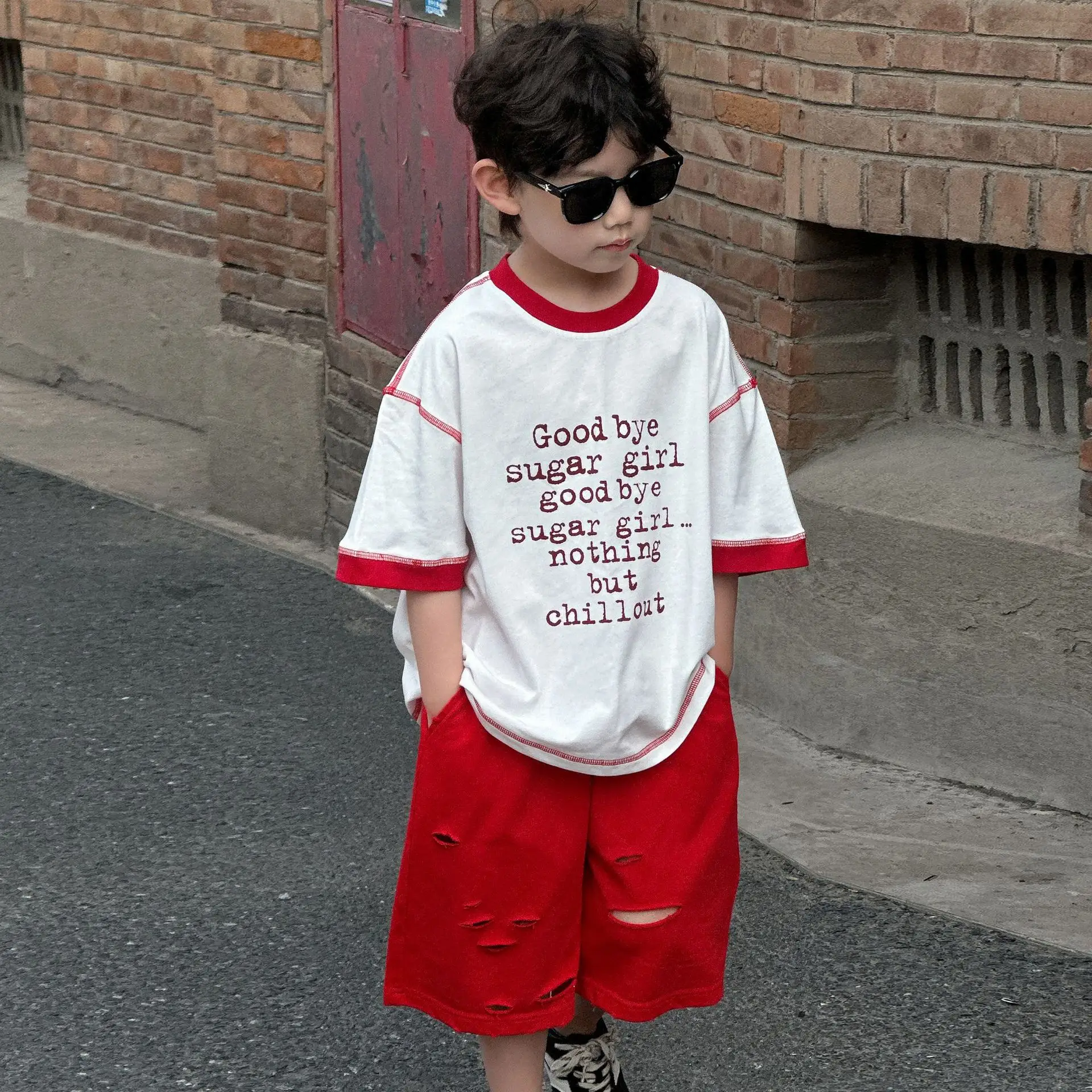 Boys Cotton T-Shirt Red White 2025 Summer Casual Mid Sleeve — feature 8