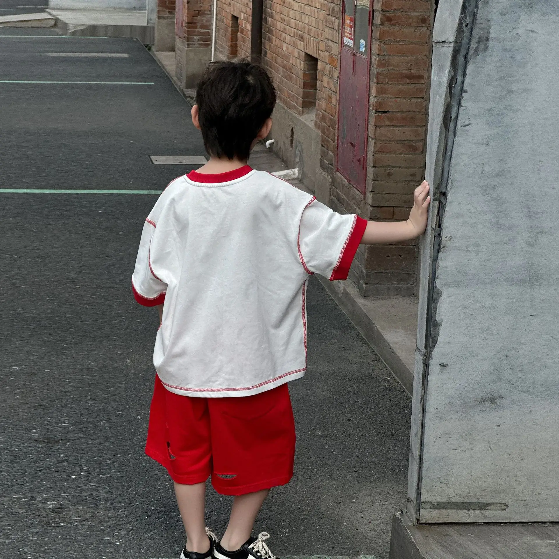 Boys Cotton T-Shirt Red White 2025 Summer Casual Mid Sleeve — feature 9