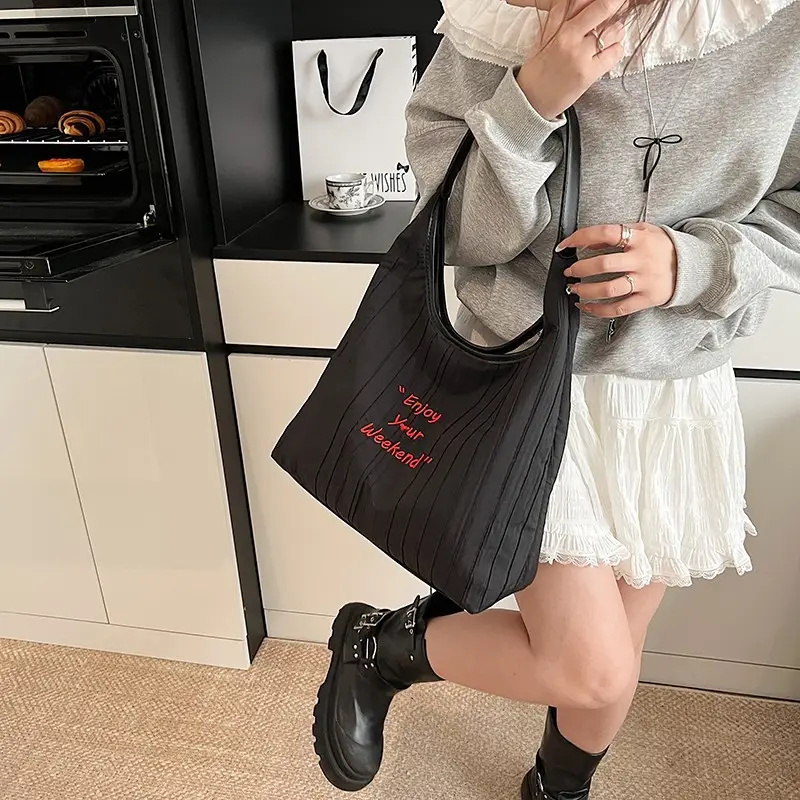 Women's Large Capacity Shoulder Bag with "Happy Your Weekend" Print