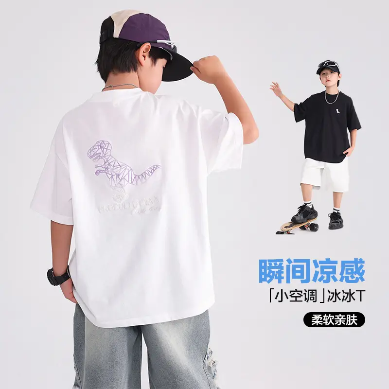 Boys White Cartoon Dinosaur Pure Cotton T-Shirt 2026 - Image 3