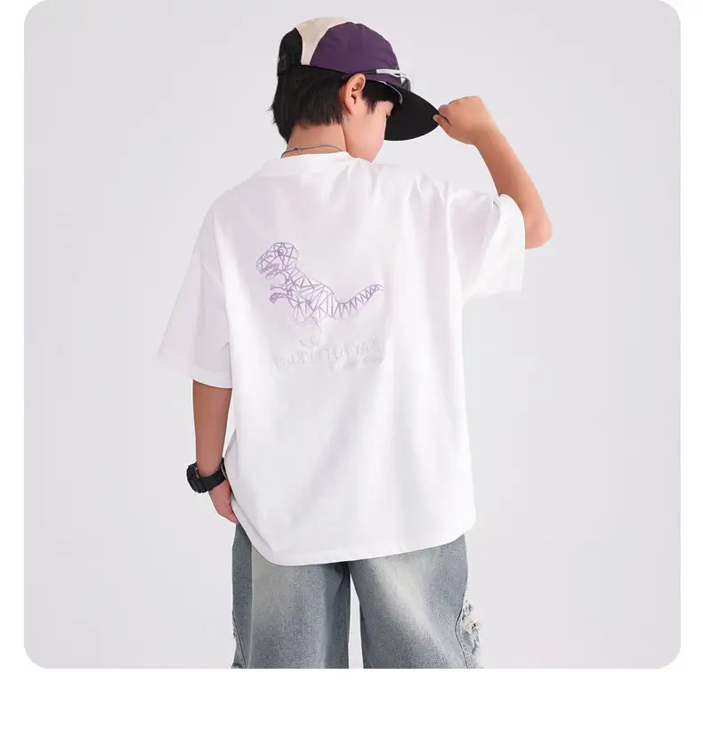 Boys White Cartoon Dinosaur Pure Cotton T-Shirt 2026 — feature 12