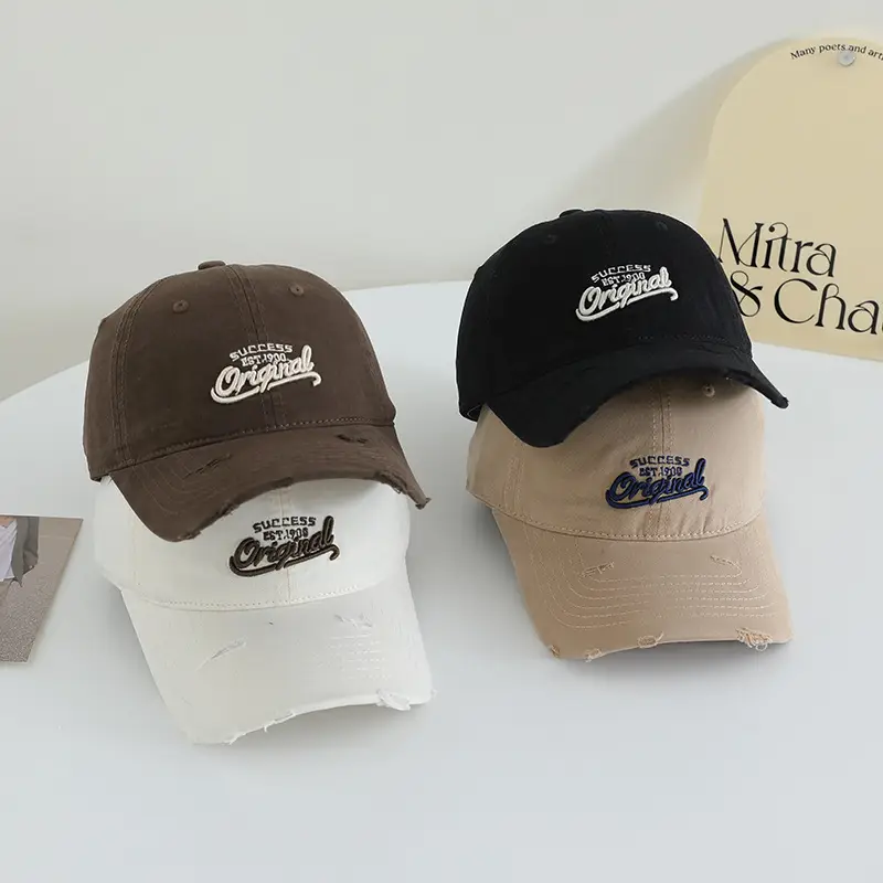Women White Embroidered Baseball Cap Wide Bristle Soft Cotton