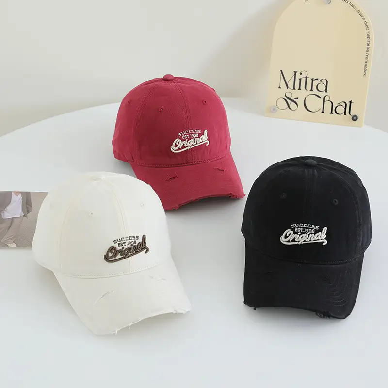 Women White Embroidered Baseball Cap Wide Bristle Soft Cotton