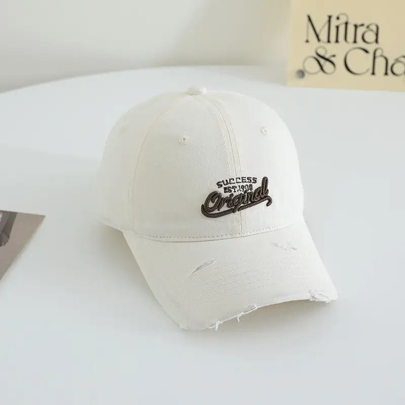 Women White Embroidered Baseball Cap Wide Bristle Soft Cotton