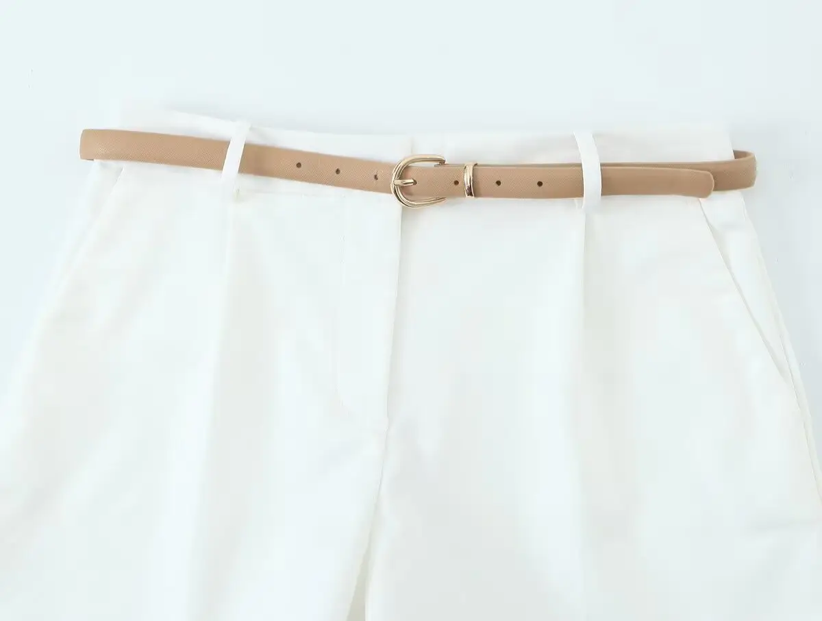 Women's Navy Belted Pleated Shorts Summer Casual — feature 7