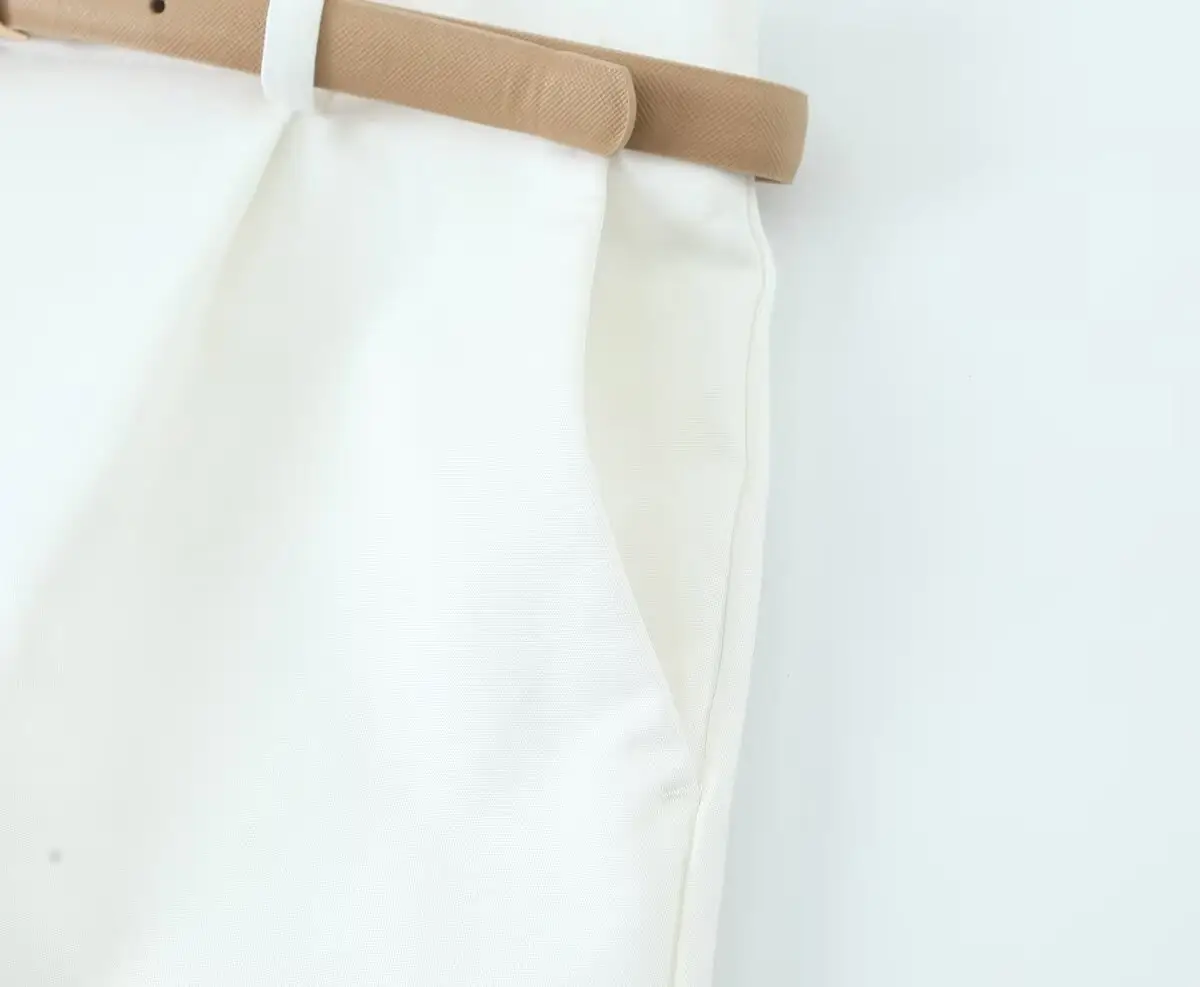 Women's Navy Belted Pleated Shorts Summer Casual — feature 9