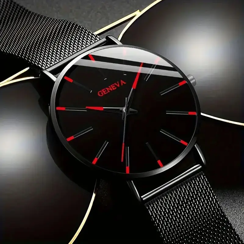 Men Black Mesh Belt Watch with Blue Dial - Image 5