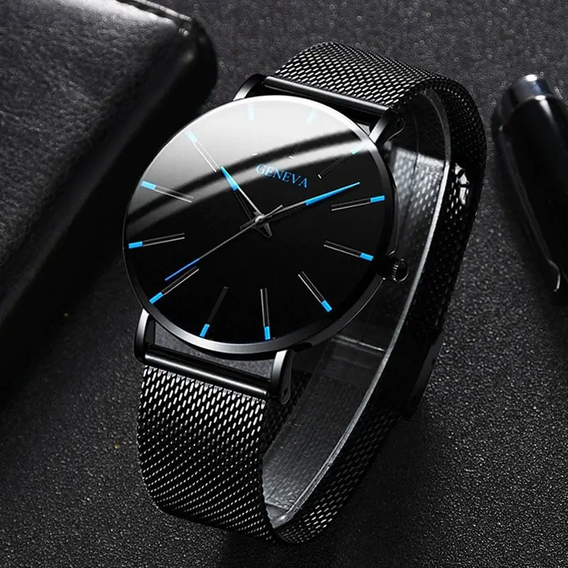 Men Black Mesh Belt Watch with Blue Dial — feature 2