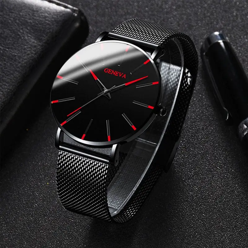 Men Black Mesh Belt Watch with Blue Dial - Image 2