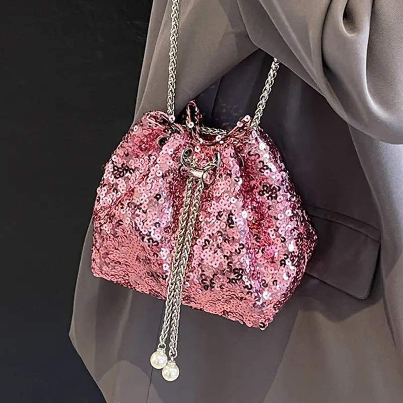 Pink Sequin Bucket Bag for Women High-End Chain Shoulder - Image 5
