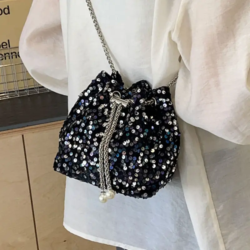 Pink Sequin Bucket Bag for Women High-End Chain Shoulder - Image 6