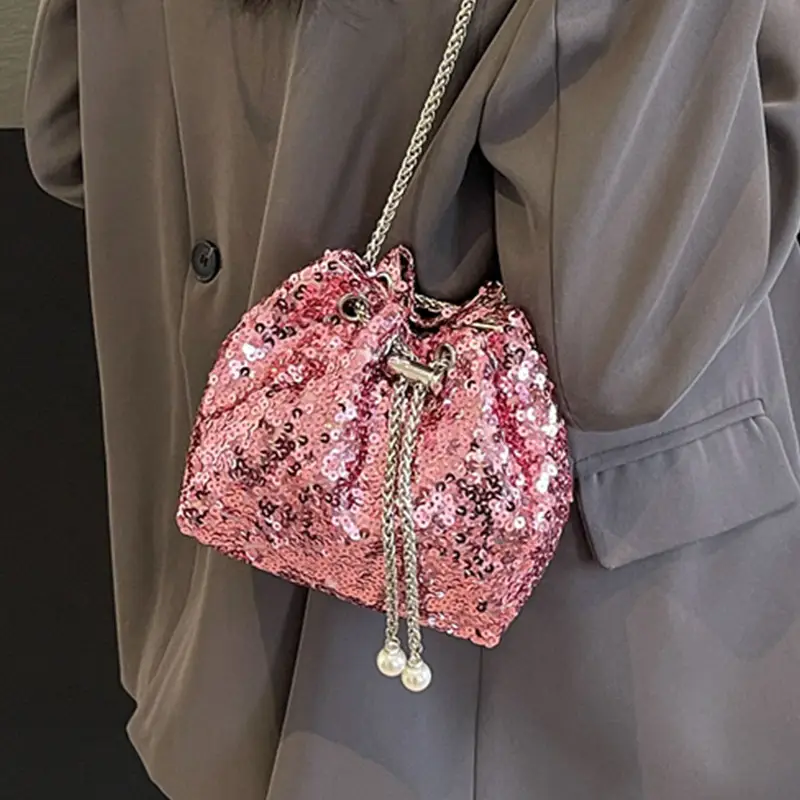 Pink Sequin Bucket Bag for Women High-End Chain Shoulder - Image 7