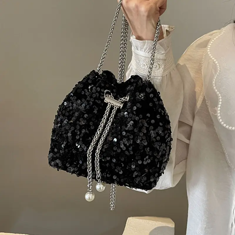 Pink Sequin Bucket Bag for Women High-End Chain Shoulder - Image 8