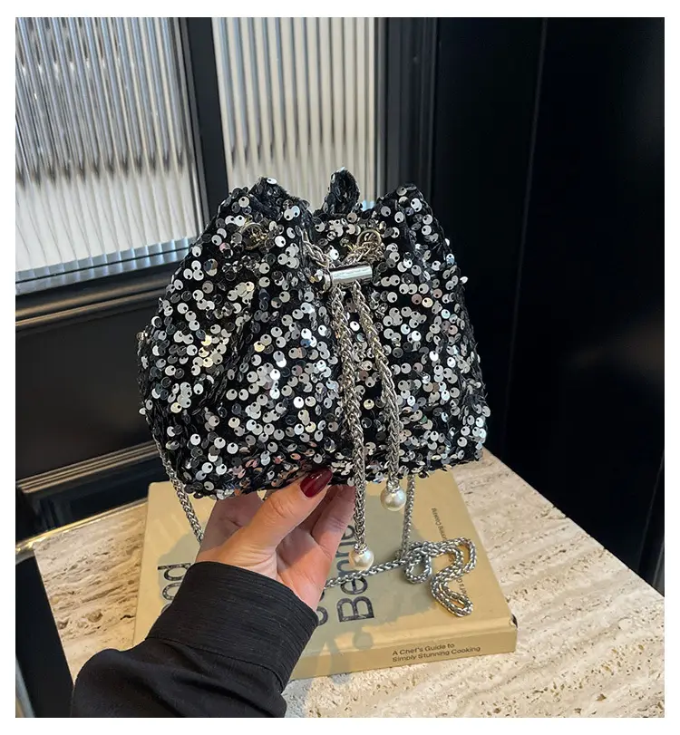 Pink Sequin Bucket Bag for Women High-End Chain Shoulder — feature 1