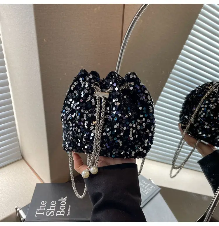 Pink Sequin Bucket Bag for Women High-End Chain Shoulder — feature 11