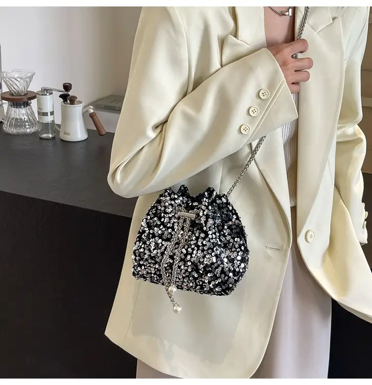 Pink Sequin Bucket Bag for Women High-End Chain Shoulder — feature 12