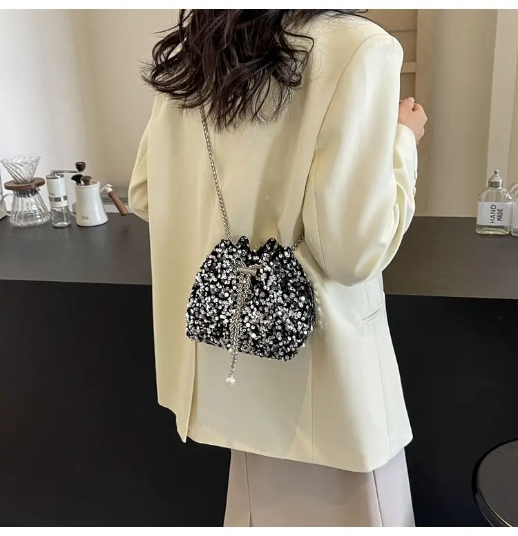 Pink Sequin Bucket Bag for Women High-End Chain Shoulder — feature 13