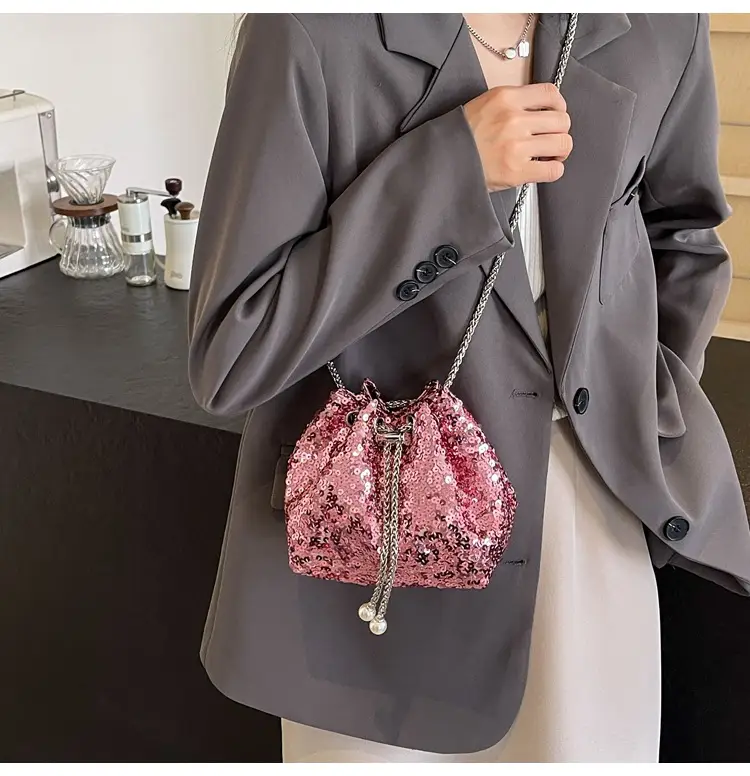 Pink Sequin Bucket Bag for Women High-End Chain Shoulder — feature 18