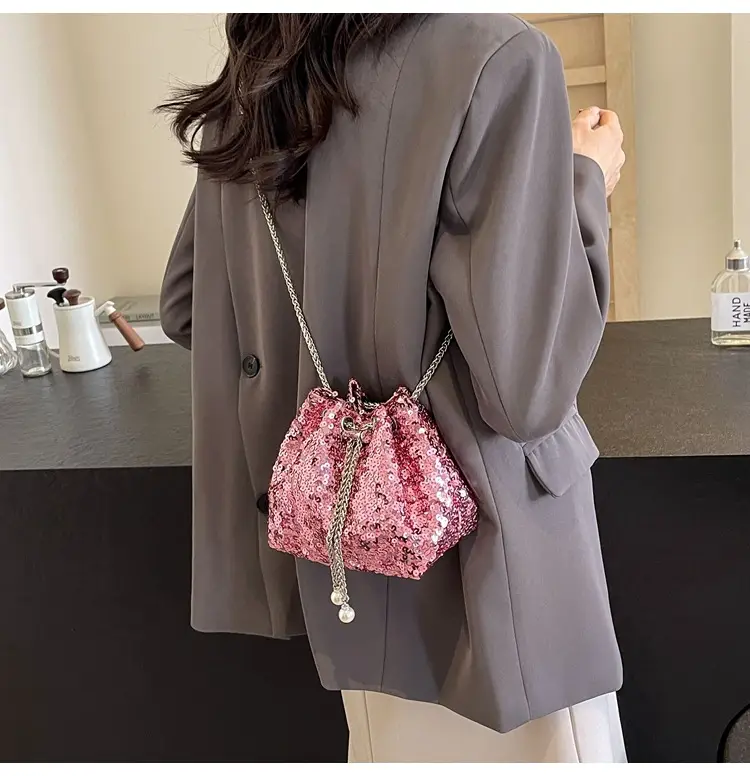 Pink Sequin Bucket Bag for Women High-End Chain Shoulder — feature 19