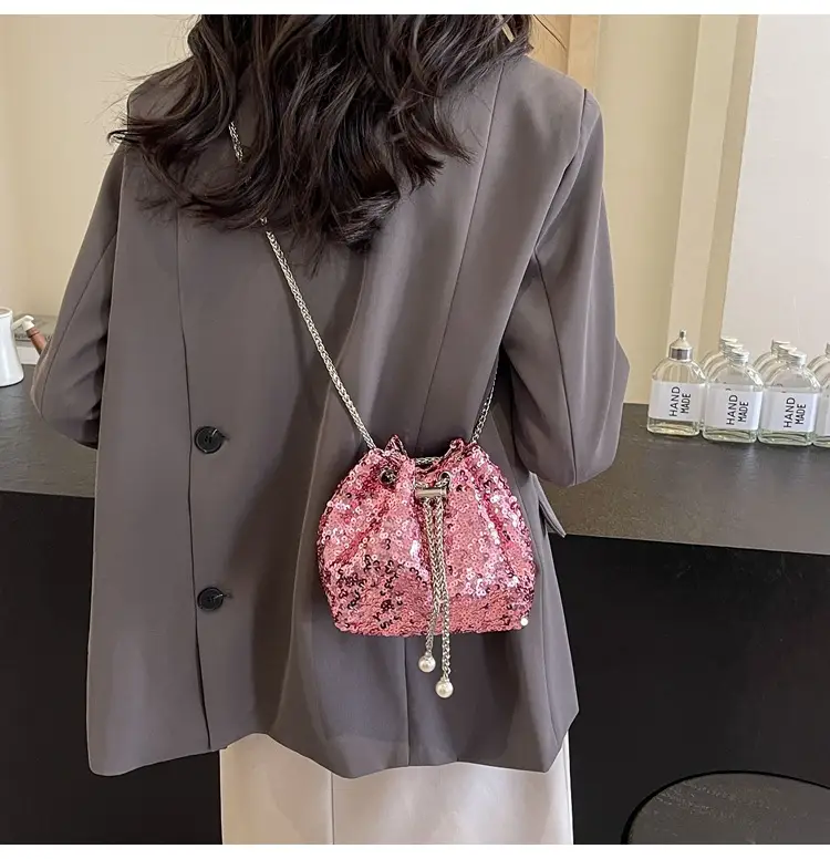Pink Sequin Bucket Bag for Women High-End Chain Shoulder — feature 20