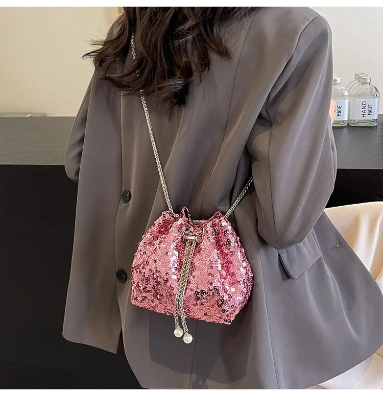 Pink Sequin Bucket Bag for Women High-End Chain Shoulder — feature 21