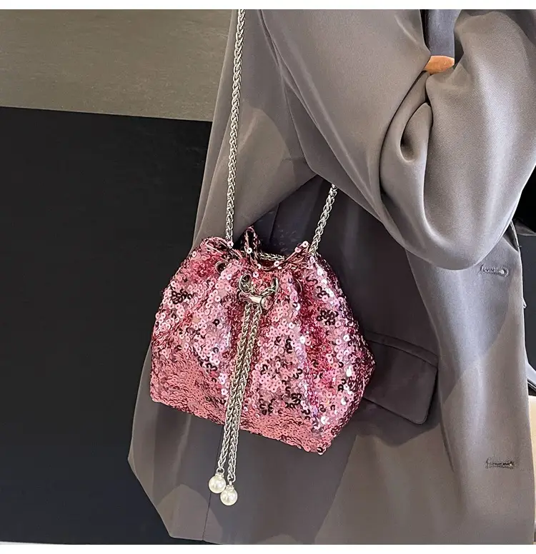 Pink Sequin Bucket Bag for Women High-End Chain Shoulder — feature 22
